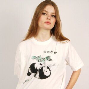 80s Hand Painted T-Shirt (XL) white panda vintage short sleeve single stitch zoo
